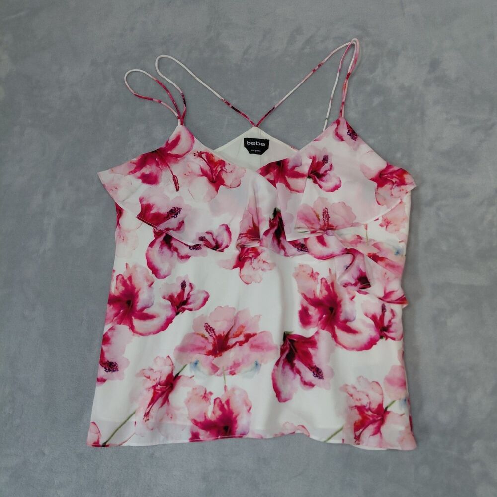 NWT Bebe Flutter Front Pink Floral Print Strappy Camisole Lined Size 10